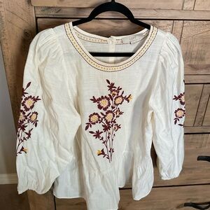 LOFT Cream Blouse with Purple and Yellow Floral Embroidery